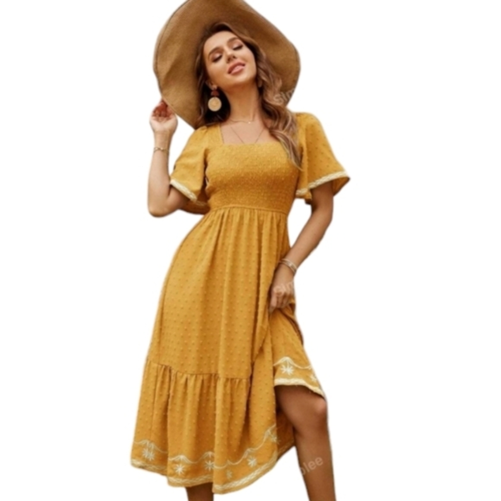 Simplee Summer Floral Embroidery Short-sleeve Square Neck Ruffle Hem Dress Sm.